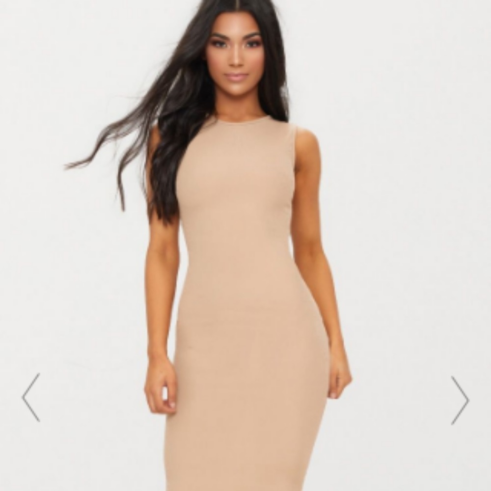 PrettyLittleThing Ribbed Midi Dress - US 2 - Stone